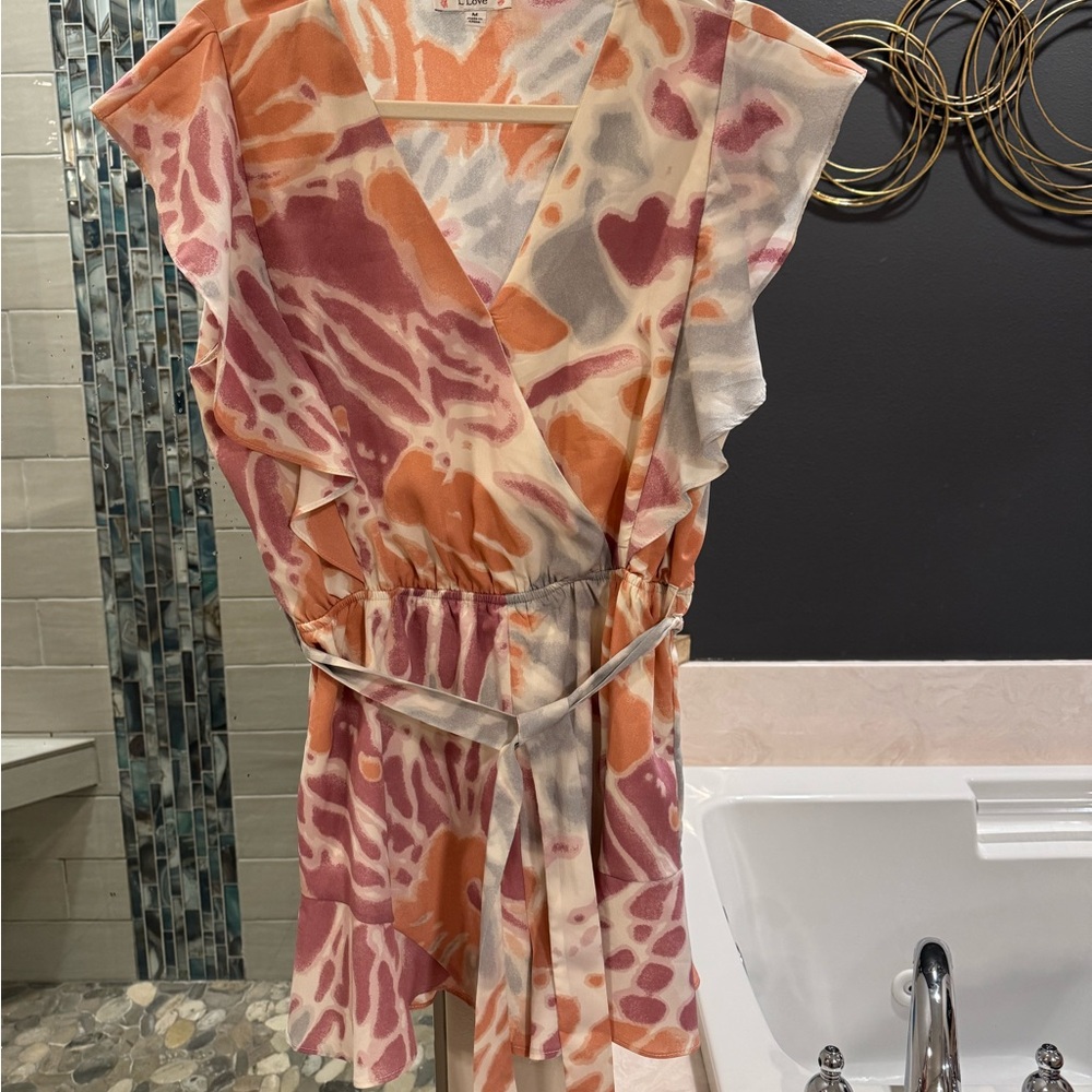Abstract Wrap Romper - Pink and Orange
